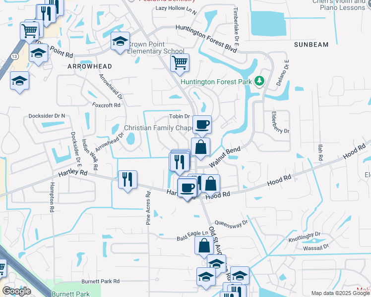 map of restaurants, bars, coffee shops, grocery stores, and more near 10368 Tawa Trail in Jacksonville