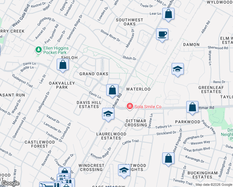map of restaurants, bars, coffee shops, grocery stores, and more near 44 Dulcet Drive in Austin