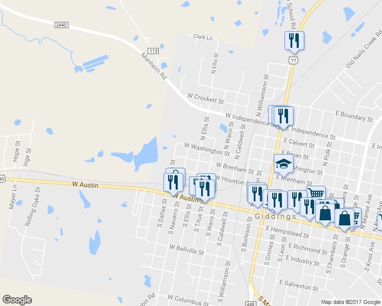 map of restaurants, bars, coffee shops, grocery stores, and more near 440 North Navarro Street in Giddings