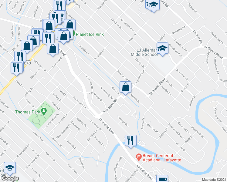 map of restaurants, bars, coffee shops, grocery stores, and more near 354 Rena Drive in Lafayette