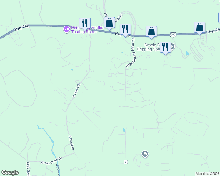 map of restaurants, bars, coffee shops, grocery stores, and more near 611 East Creek Drive in Dripping Springs
