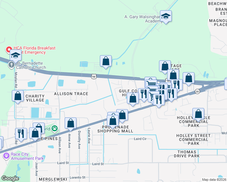 map of restaurants, bars, coffee shops, grocery stores, and more near 1728 Annabellas Drive in Panama City Beach