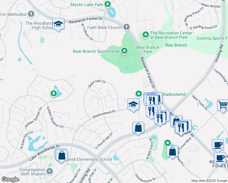 map of restaurants, bars, coffee shops, grocery stores, and more near 122 Quiet Oak Circle in Spring