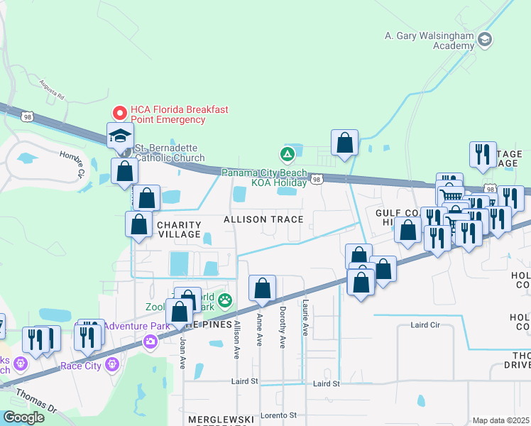 map of restaurants, bars, coffee shops, grocery stores, and more near 8713 Georgette Street in Panama City Beach