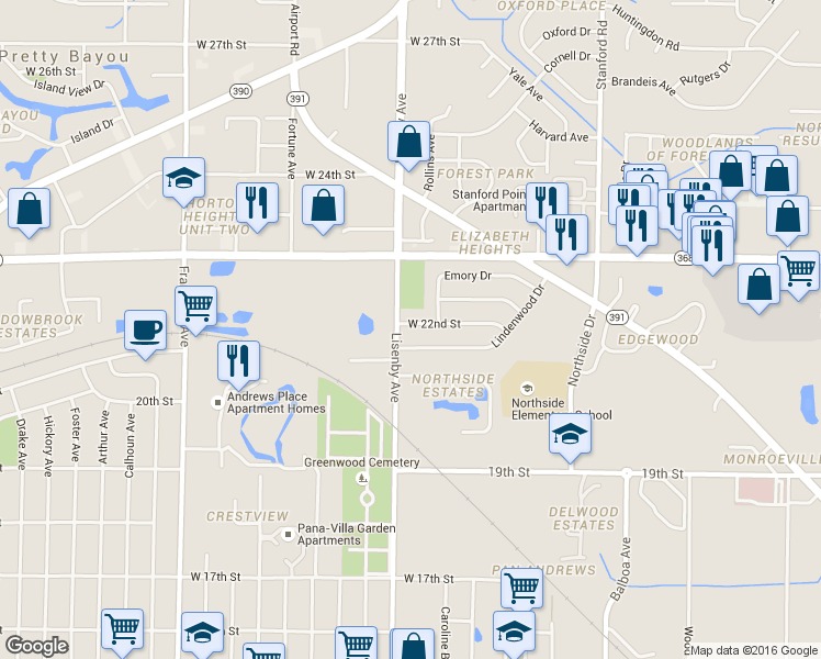 map of restaurants, bars, coffee shops, grocery stores, and more near 1609 West 22nd Street in Panama City