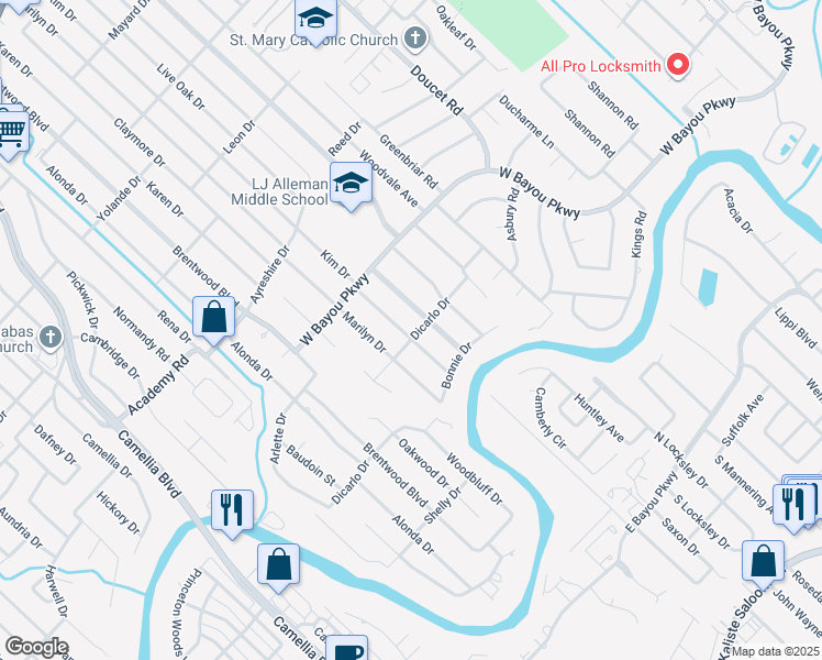 map of restaurants, bars, coffee shops, grocery stores, and more near 1033 Kim Drive in Lafayette