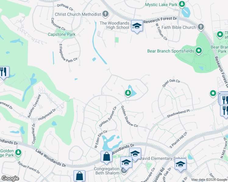 map of restaurants, bars, coffee shops, grocery stores, and more near 15 Golden Thrush Place in Spring