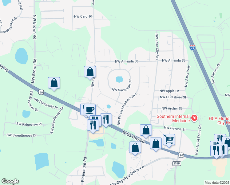 map of restaurants, bars, coffee shops, grocery stores, and more near 460 Northwest Savannah Circle in Lake City