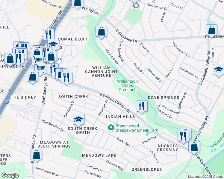 map of restaurants, bars, coffee shops, grocery stores, and more near 2500 East William Cannon Drive in Austin