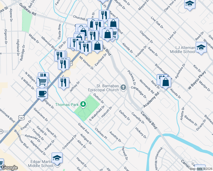 map of restaurants, bars, coffee shops, grocery stores, and more near 507 Daniel Drive in Lafayette