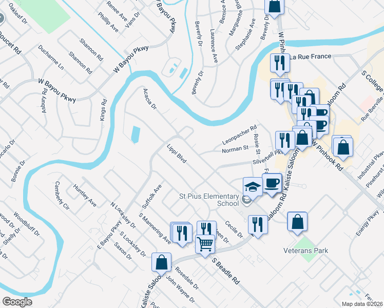 map of restaurants, bars, coffee shops, grocery stores, and more near 605 East Bayou Parkway in Lafayette