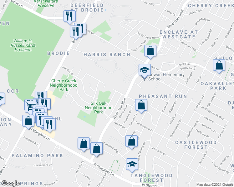 map of restaurants, bars, coffee shops, grocery stores, and more near 9201 Bradner Drive in Austin