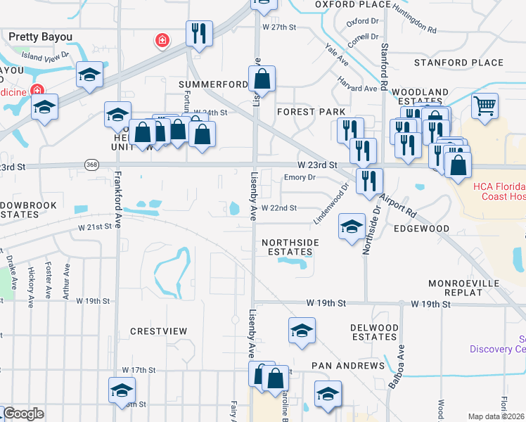 map of restaurants, bars, coffee shops, grocery stores, and more near 1609 West 22nd Street in Panama City