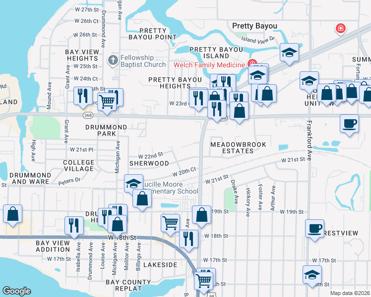 map of restaurants, bars, coffee shops, grocery stores, and more near 2203 Beck Avenue in Panama City