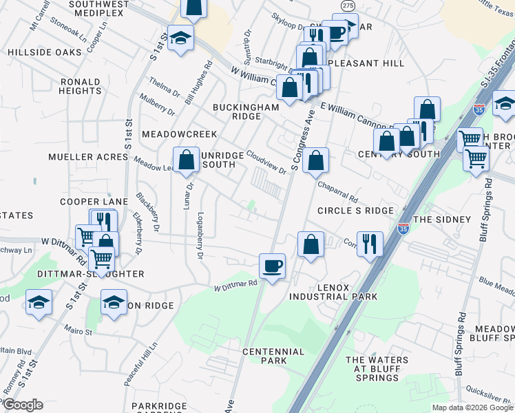 map of restaurants, bars, coffee shops, grocery stores, and more near 7201 Redding Drive in Austin