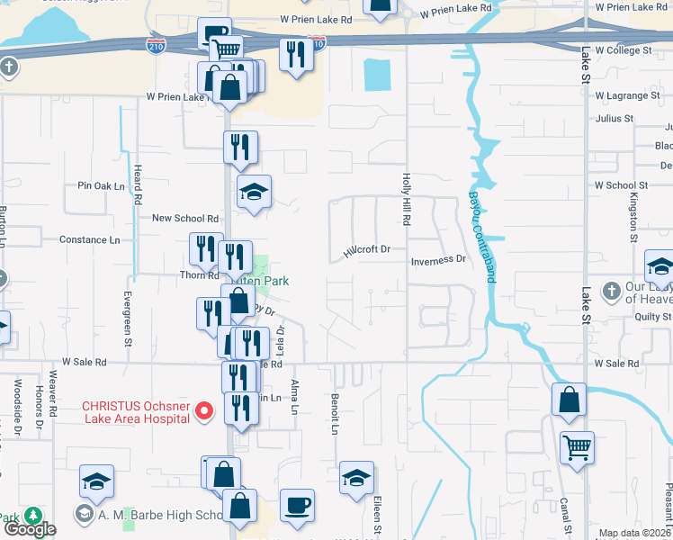 map of restaurants, bars, coffee shops, grocery stores, and more near 1509 Hillcroft Dr in Lake Charles