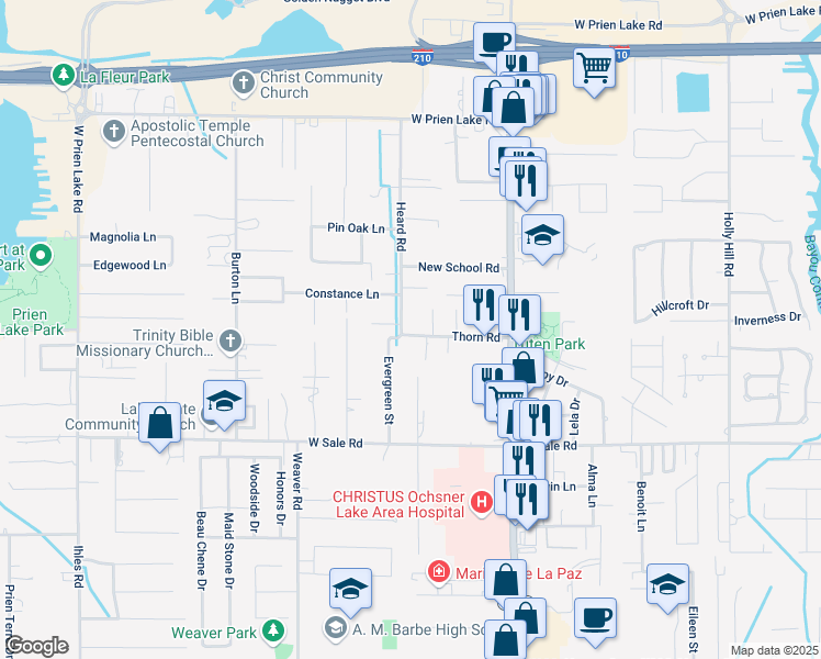 map of restaurants, bars, coffee shops, grocery stores, and more near 2020 Thorn Rd in Lake Charles