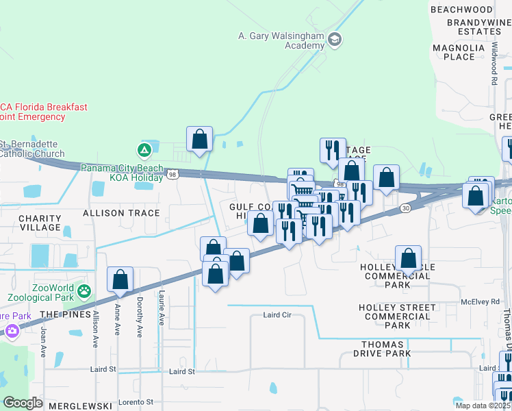 map of restaurants, bars, coffee shops, grocery stores, and more near 8106 Annabellas Court in Panama City Beach