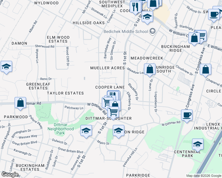 map of restaurants, bars, coffee shops, grocery stores, and more near 7601 Cooper Lane in Austin
