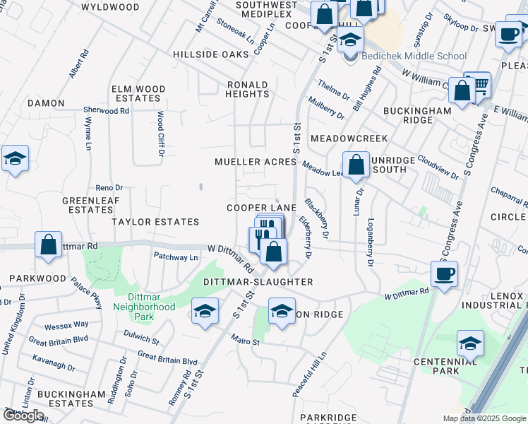 map of restaurants, bars, coffee shops, grocery stores, and more near 7601 Cooper Lane in Austin