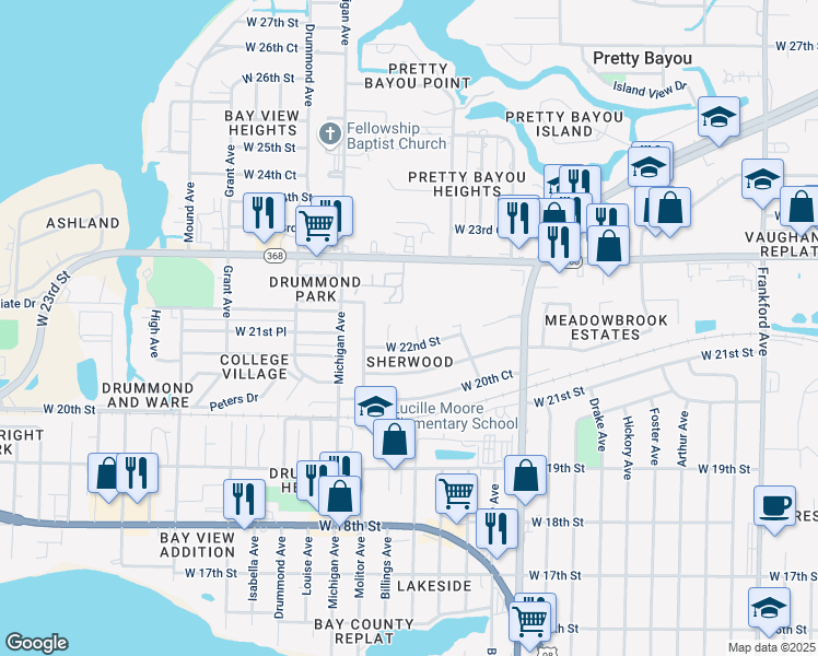 map of restaurants, bars, coffee shops, grocery stores, and more near 2207 Trenton Circle in Panama City