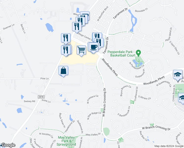 map of restaurants, bars, coffee shops, grocery stores, and more near 47 Wickerdale Place in Spring
