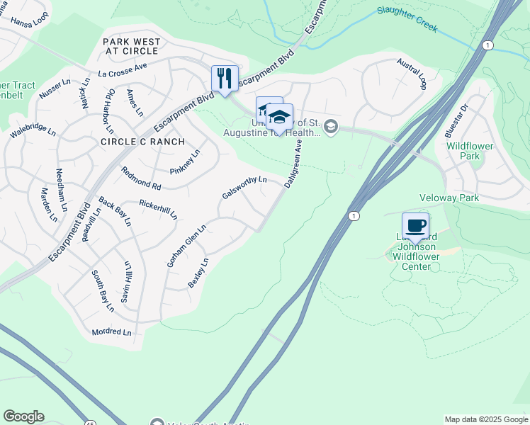 map of restaurants, bars, coffee shops, grocery stores, and more near 5600 Trelawney Lane in Austin