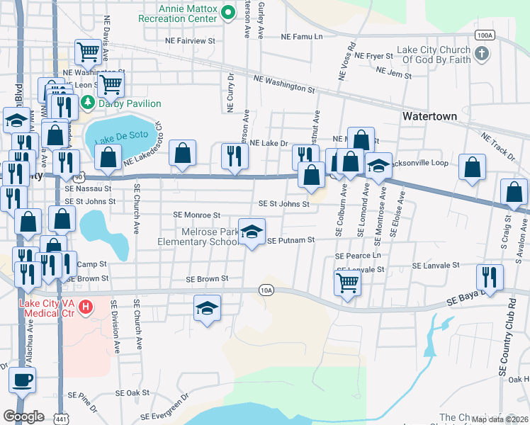 map of restaurants, bars, coffee shops, grocery stores, and more near 841 Southeast Monroe Street in Lake City
