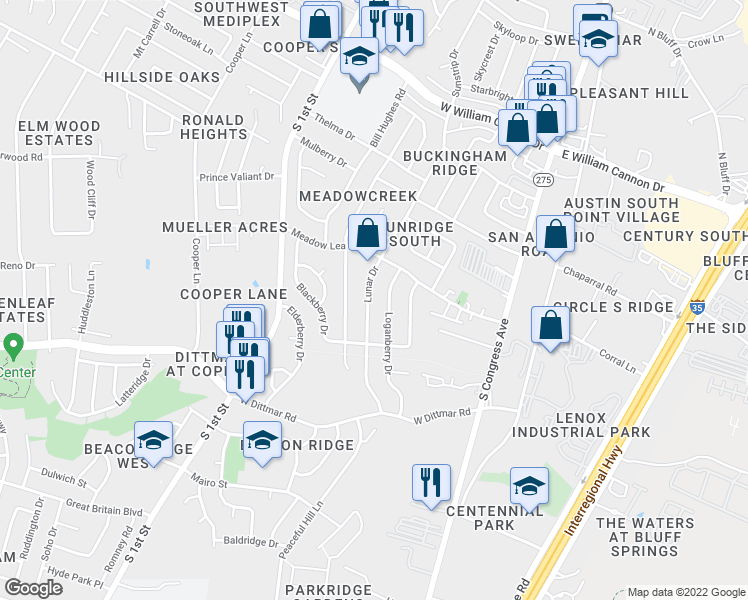map of restaurants, bars, coffee shops, grocery stores, and more near 7311 Lunar Drive in Austin