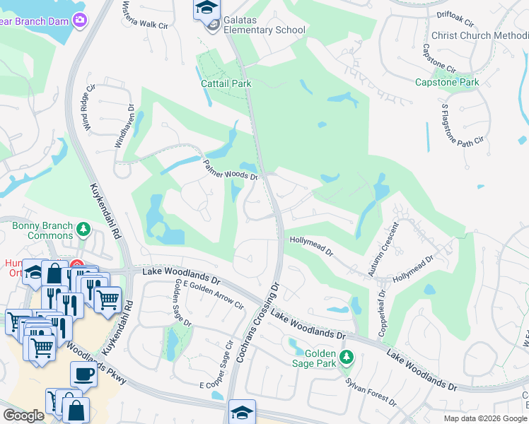 map of restaurants, bars, coffee shops, grocery stores, and more near 6 Stone Springs Circle in Spring