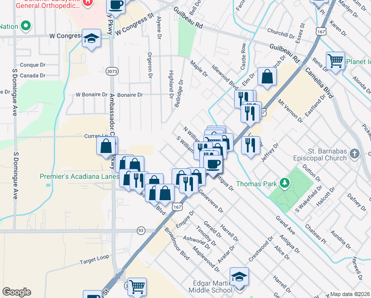 map of restaurants, bars, coffee shops, grocery stores, and more near 201 South William Drive in Lafayette