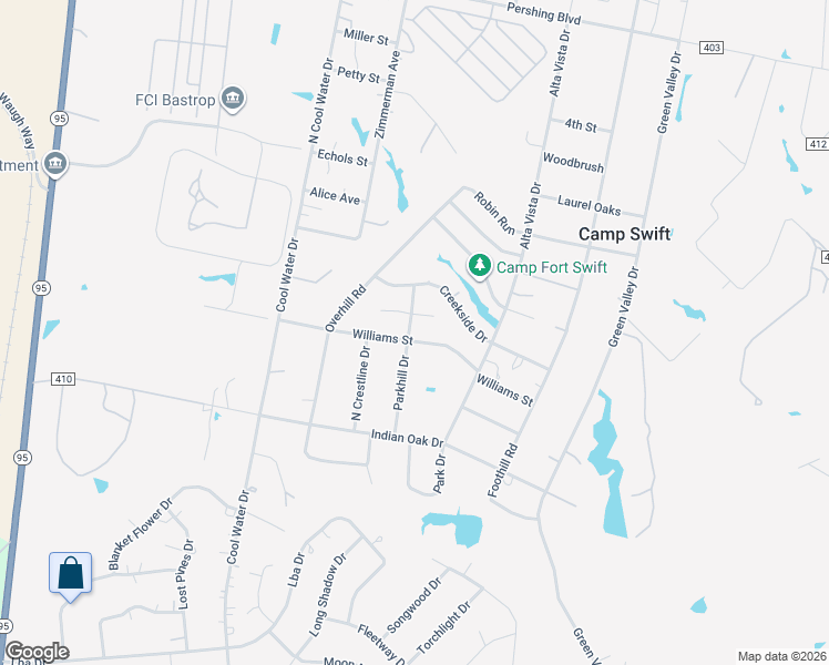 map of restaurants, bars, coffee shops, grocery stores, and more near 147 Parkhill Drive in Bastrop