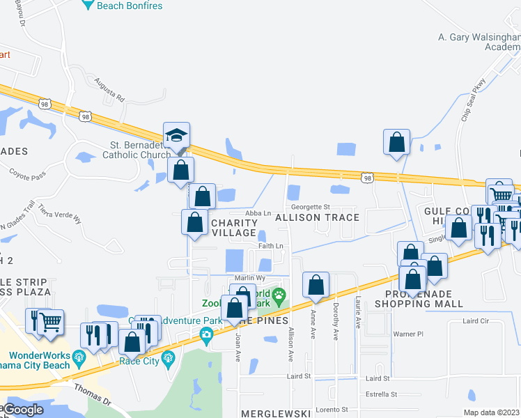map of restaurants, bars, coffee shops, grocery stores, and more near 9110 Abba Lane in Panama City Beach