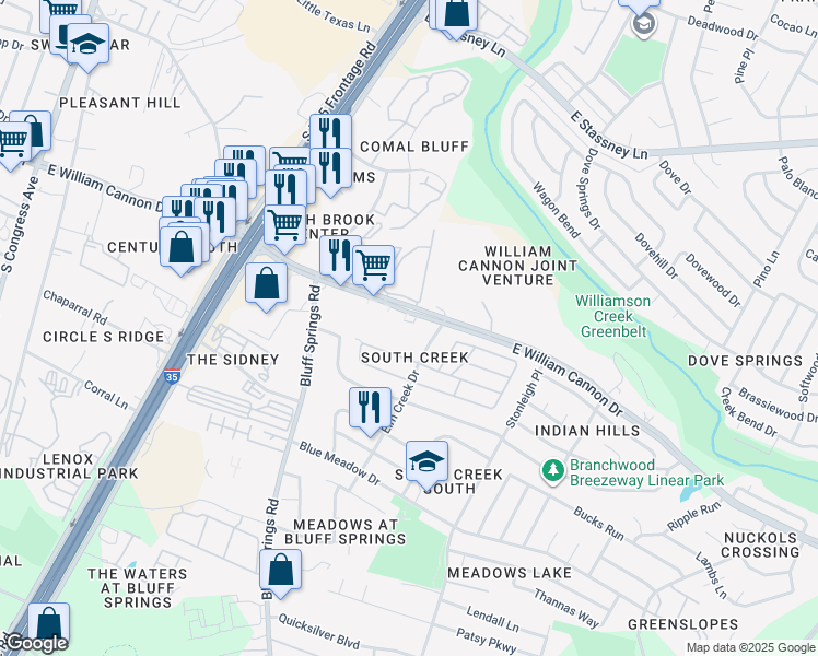 map of restaurants, bars, coffee shops, grocery stores, and more near 1941 East William Cannon Drive in Austin