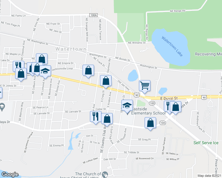 map of restaurants, bars, coffee shops, grocery stores, and more near East Duval Street in Lake City
