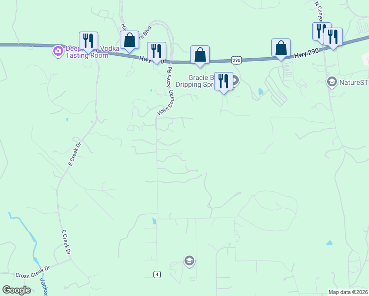 map of restaurants, bars, coffee shops, grocery stores, and more near 551 Hays Country Acres Road in Dripping Springs