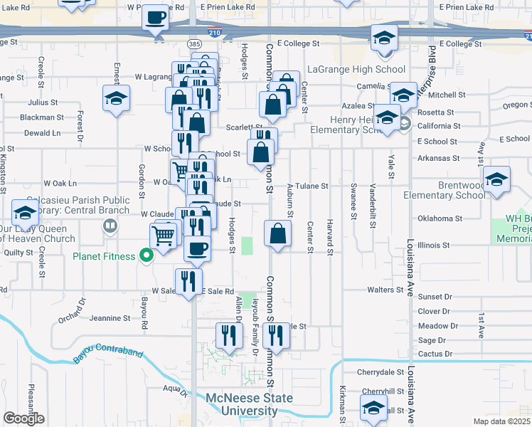 map of restaurants, bars, coffee shops, grocery stores, and more near 3902 Common St in Lake Charles