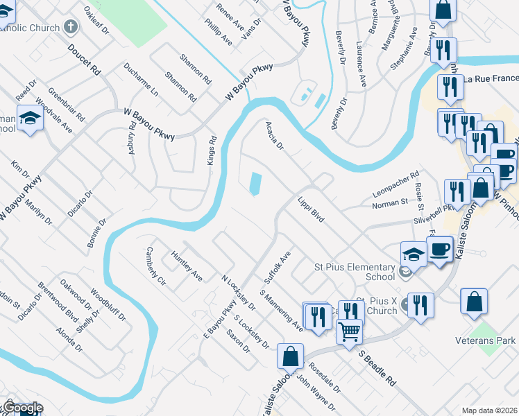 map of restaurants, bars, coffee shops, grocery stores, and more near 220 Acacia Drive in Lafayette
