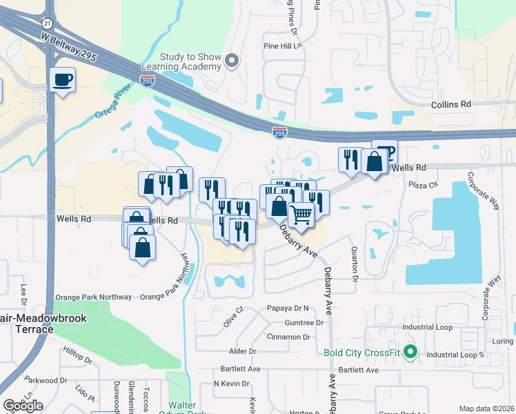 map of restaurants, bars, coffee shops, grocery stores, and more near 85 Debarry Avenue in Orange Park