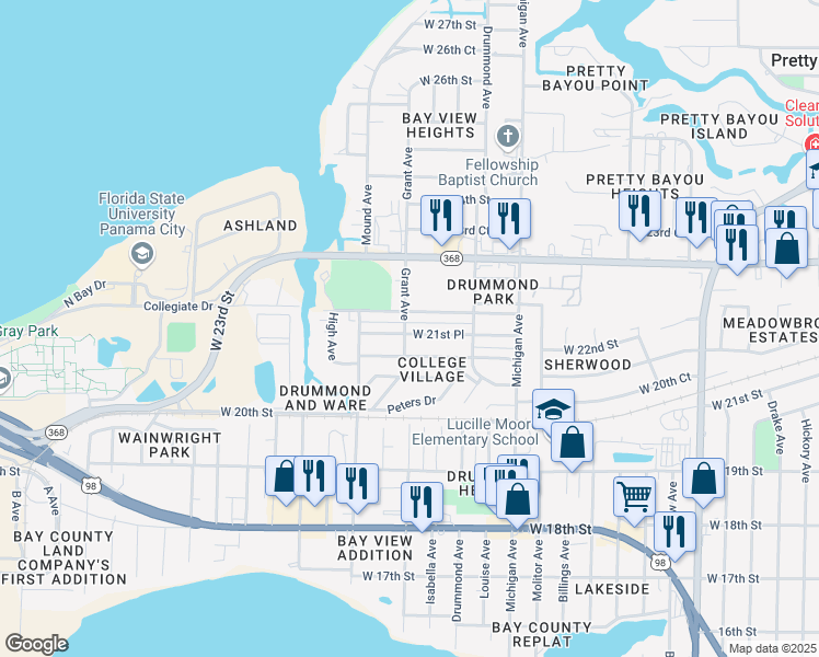map of restaurants, bars, coffee shops, grocery stores, and more near 4102 West 21st Place in Panama City