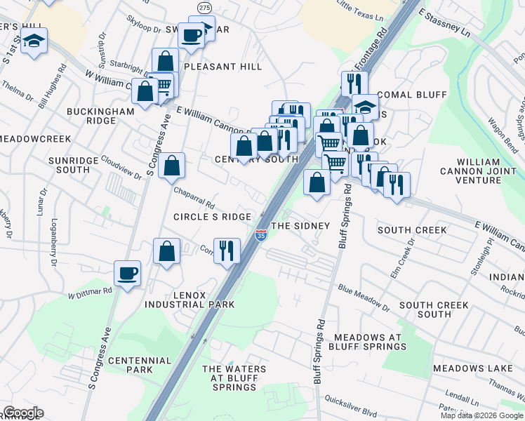 map of restaurants, bars, coffee shops, grocery stores, and more near 6905 Interstate 35 in Austin