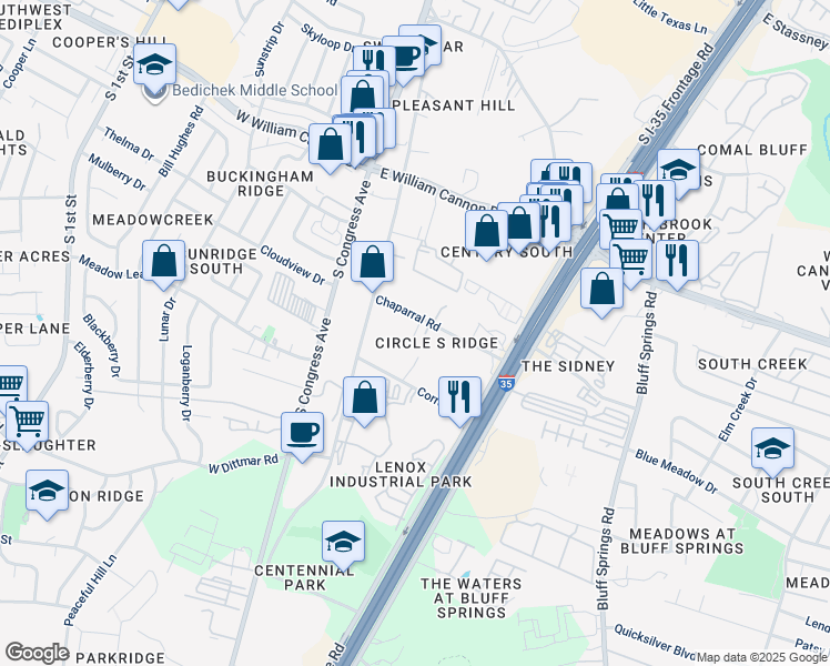 map of restaurants, bars, coffee shops, grocery stores, and more near 303 Chaparral Road in Austin