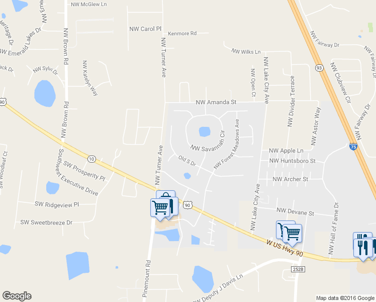 map of restaurants, bars, coffee shops, grocery stores, and more near 498 Northwest Savannah Circle in Lake City