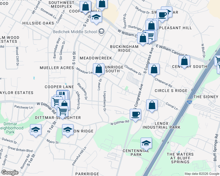 map of restaurants, bars, coffee shops, grocery stores, and more near 7302 Broken Arrow Lane in Austin