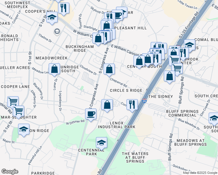 map of restaurants, bars, coffee shops, grocery stores, and more near 7009 Circle South Road in Austin