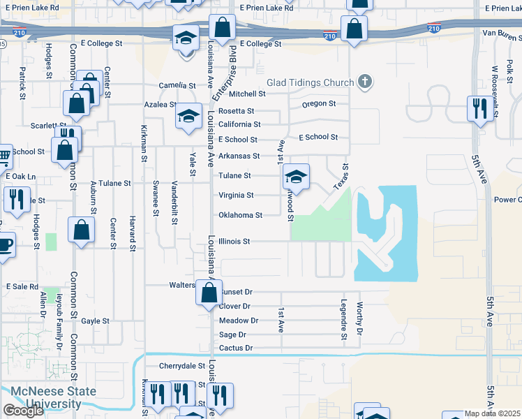 map of restaurants, bars, coffee shops, grocery stores, and more near 1305 Oklahoma St in Lake Charles