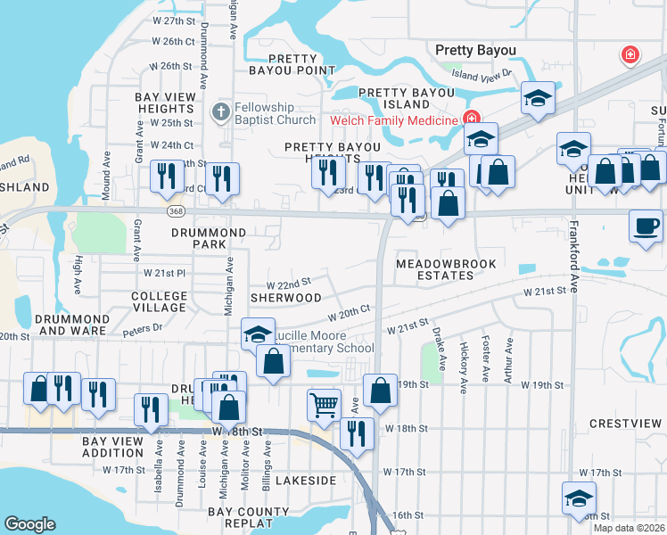map of restaurants, bars, coffee shops, grocery stores, and more near 3102 W 22nd St in Panama City