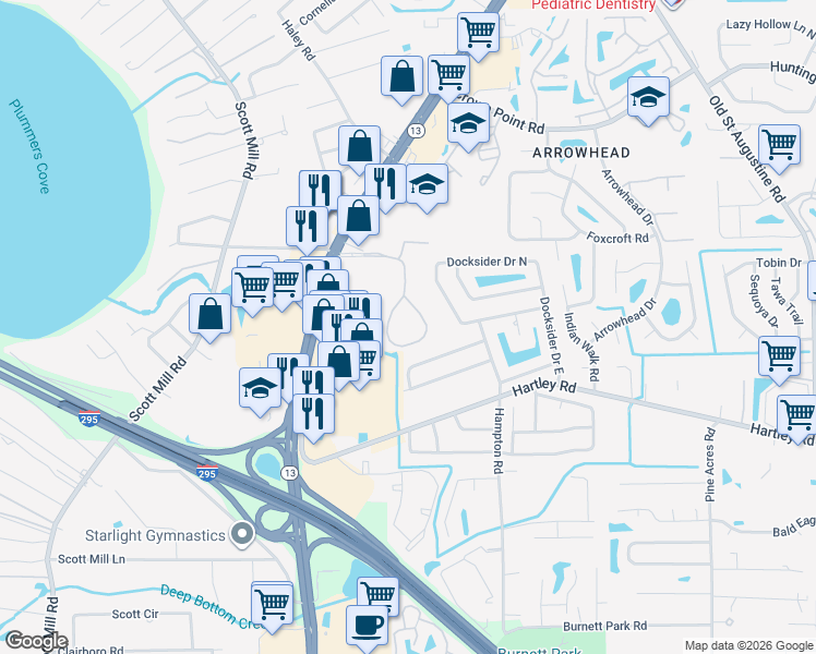 map of restaurants, bars, coffee shops, grocery stores, and more near 10434 Big Tree Circle East in Jacksonville