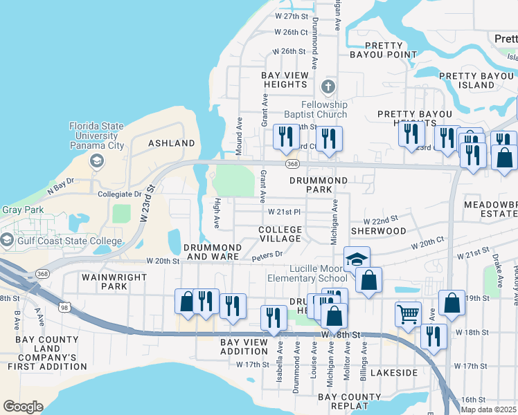 map of restaurants, bars, coffee shops, grocery stores, and more near 4102 West 21st Place in Panama City