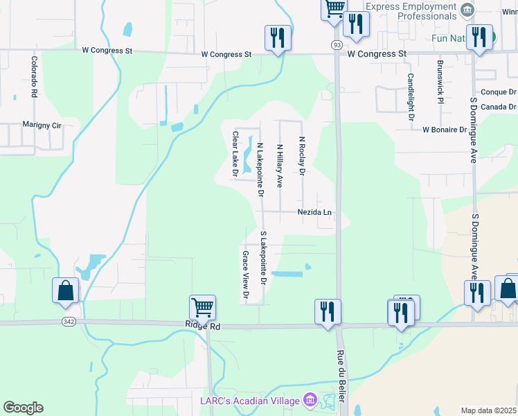 map of restaurants, bars, coffee shops, grocery stores, and more near 101 North Lakepointe Drive in Lafayette
